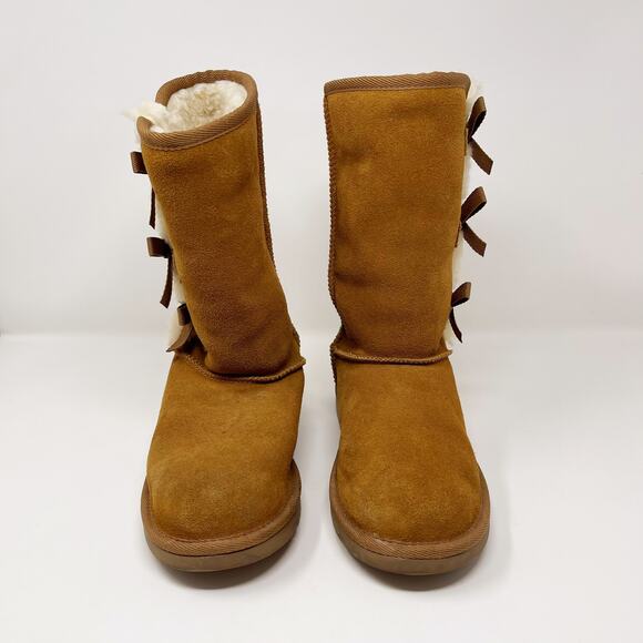 Koolaburra by UGG Suede Bow Tall Boots Tan Chestnut Victoria Womens Size 5 Cozy - Picture 3 of 13